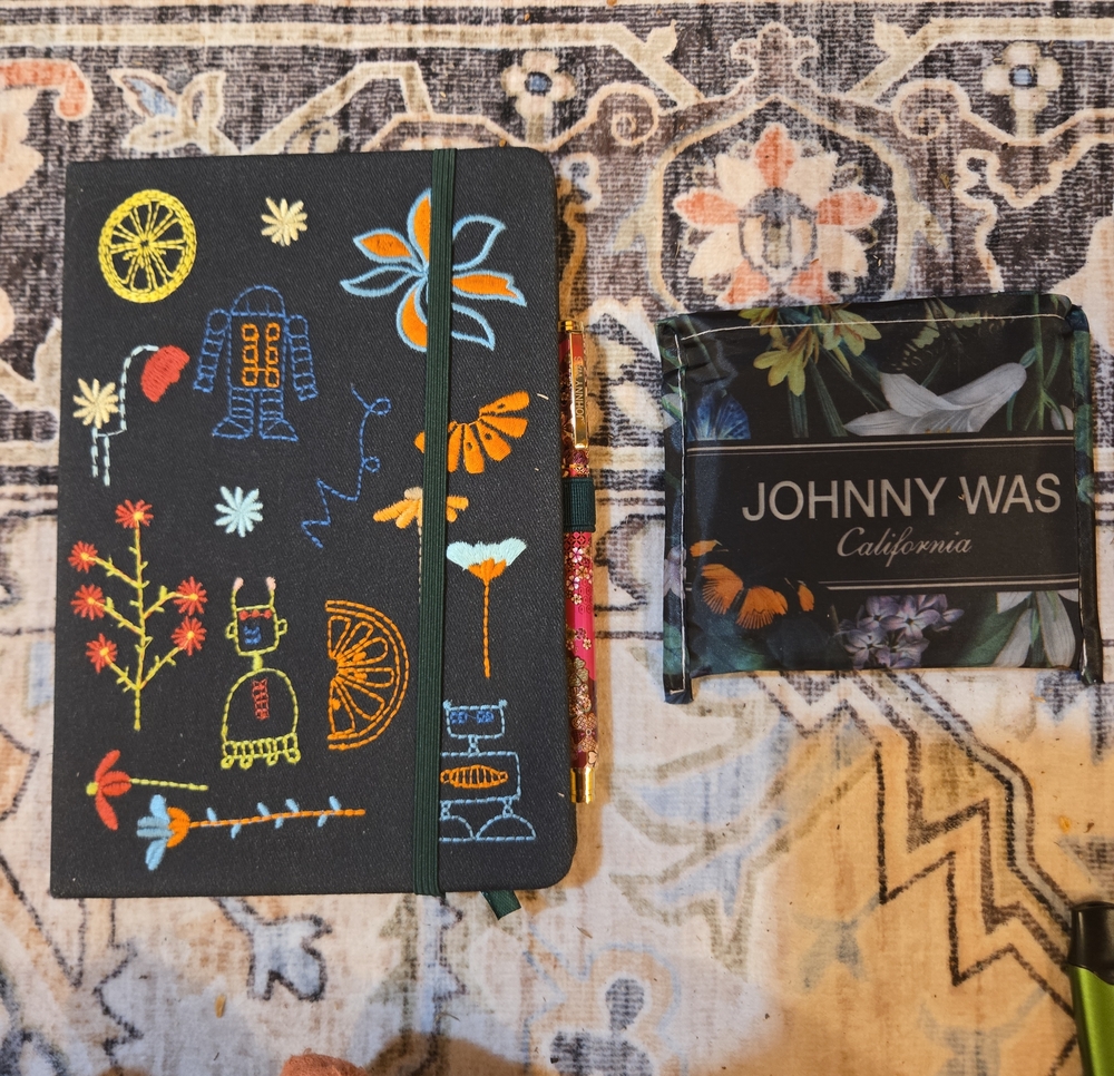 Johnny Was Black Embroidered Notebook With Pen And Foldable Tote